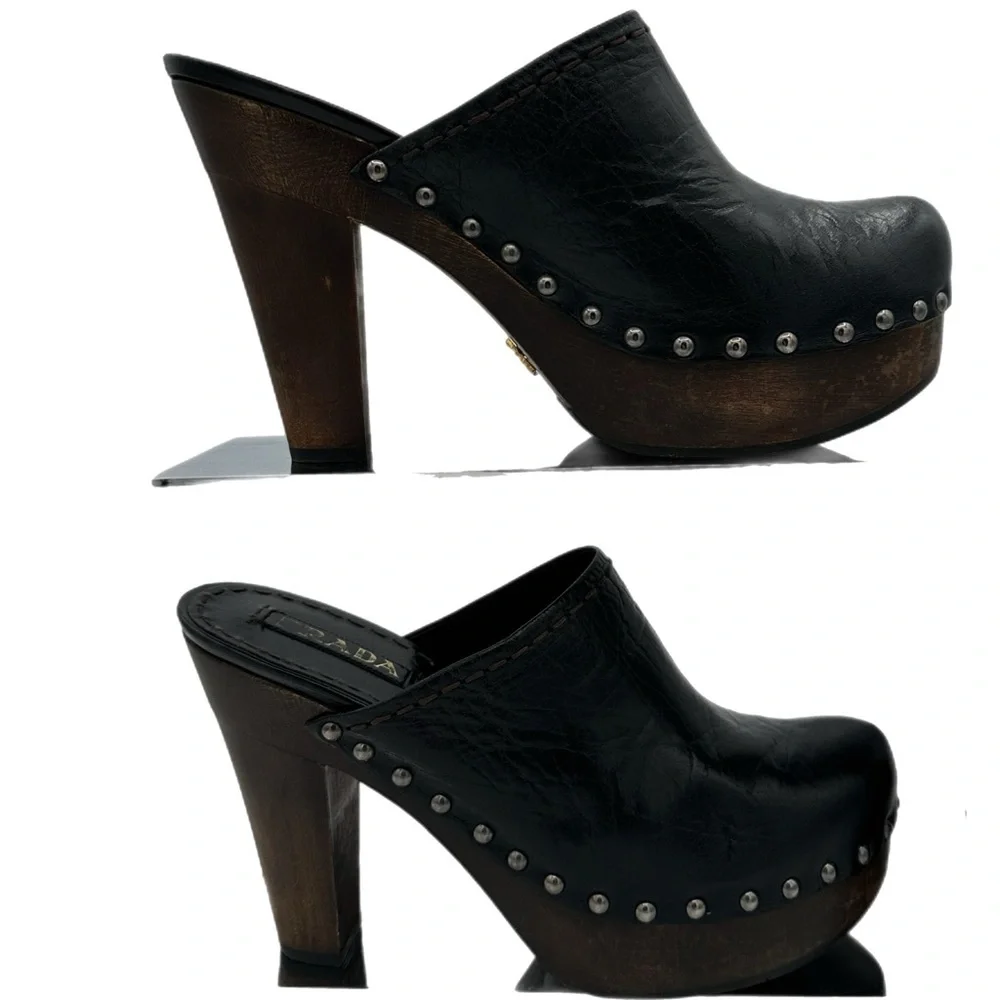 Prada Black Leather Mules with Distressed Wooden Heel – Size 39 EU - Picture 5 of 13